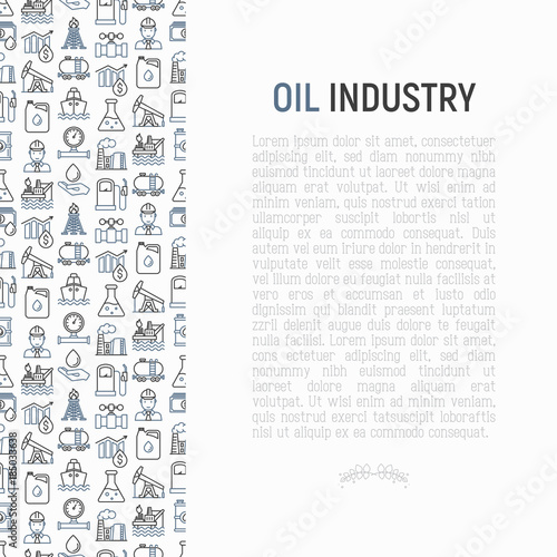 Oil industry concept with thin line icons: gas, petroleum, diesel,  truck, tanker, ship, refinery, barrel. Modern vector illustration, web page template.