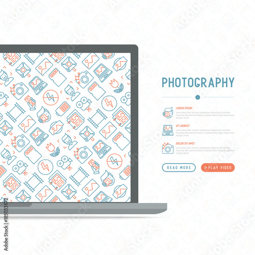 Photography concept with thin line icons of photographer, film, crop, flash, focus, light, panorama. Vector illustration, web page template.