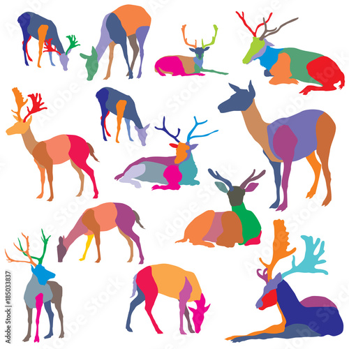 Vector set of colorful mosaic deer silhouettes