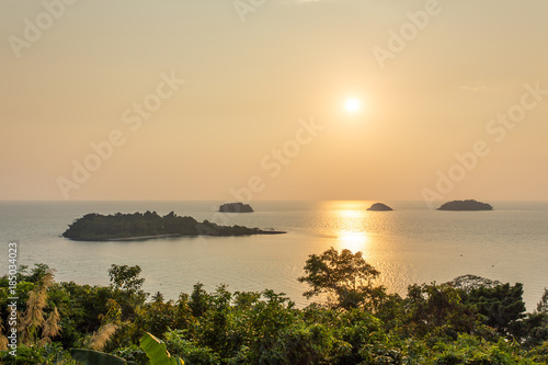 Beautiful tropical island landscape. View from Koh Chang to Koh Man Nai during sunset