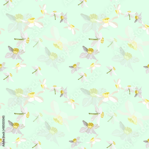 Seamless pattern flowers of daffodils on a green background In pastel colors