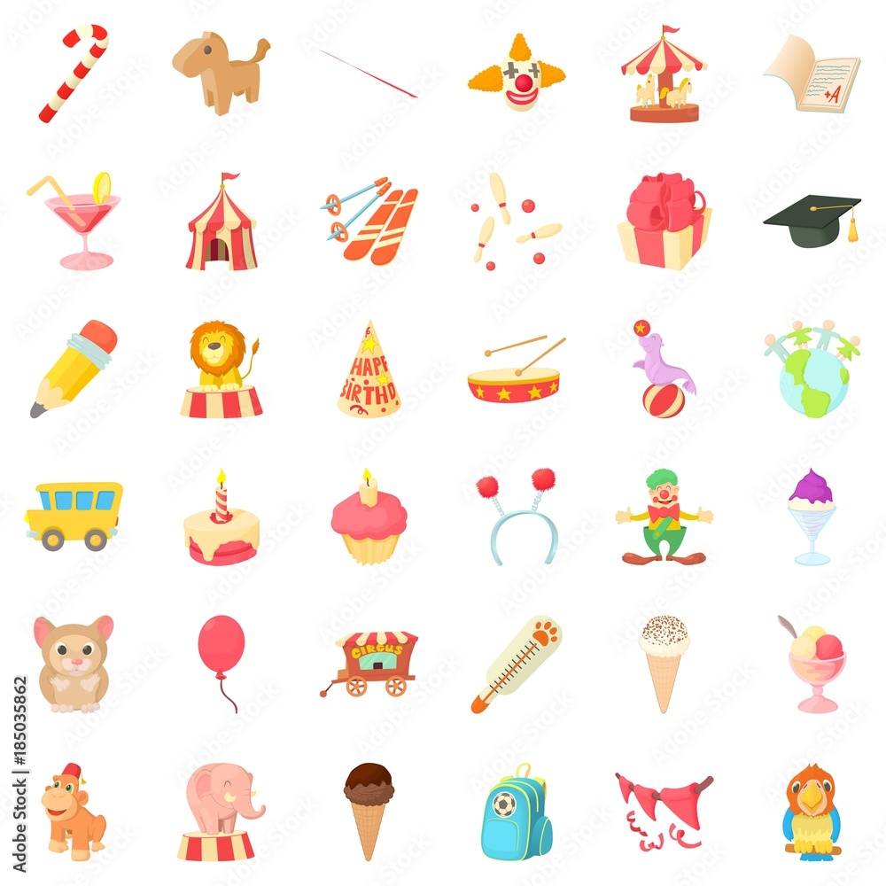 Kid birthday icons set, cartoon style Kid birthday icons set, cartoon style