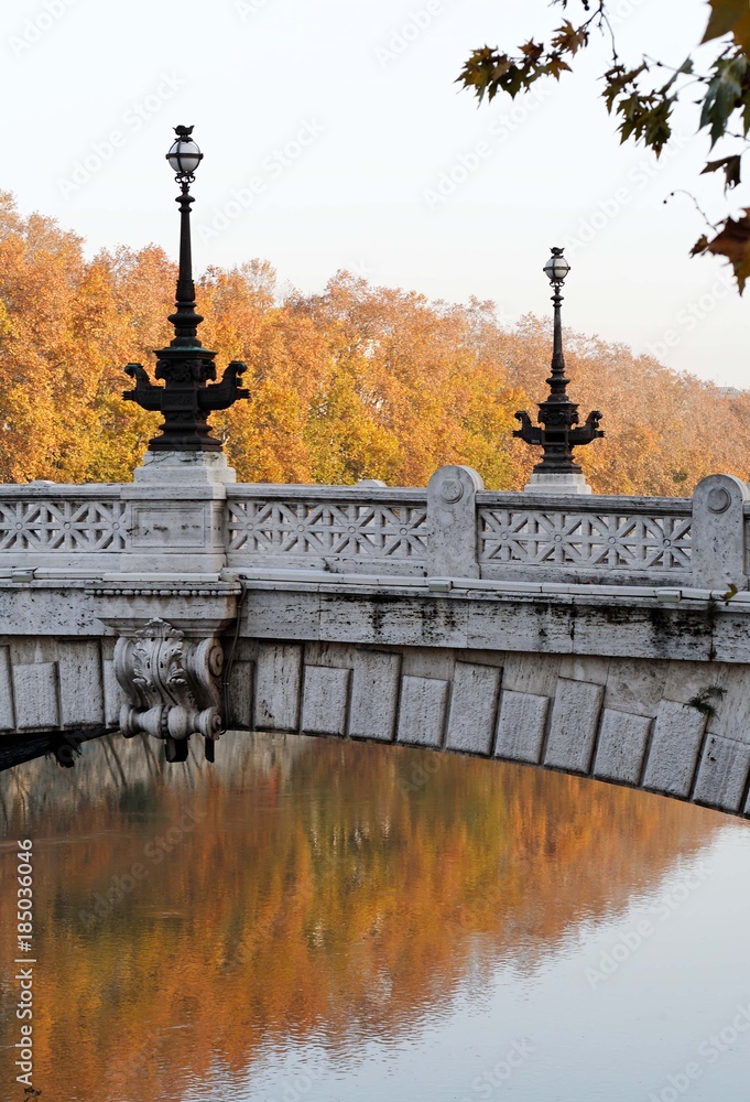 Fototapeta premium Roma, Italia. Fiume Tevere. Ponte Mazzini. Platani in autunno di sfondo.