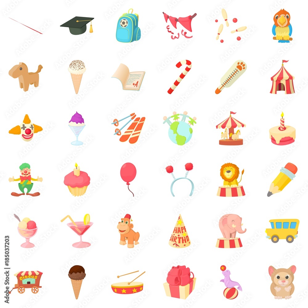 Celebration of birthday icons set, cartoon style Celebration of birthday icons set, cartoon style