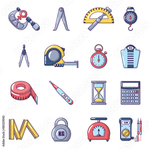 Measure precision icons set, cartoon style