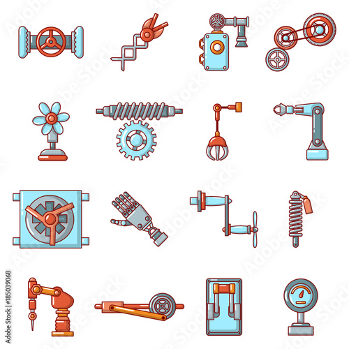 Technical mechanisms icons set, cartoon style