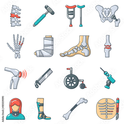 Orthopedist bone tools icons set, cartoon style