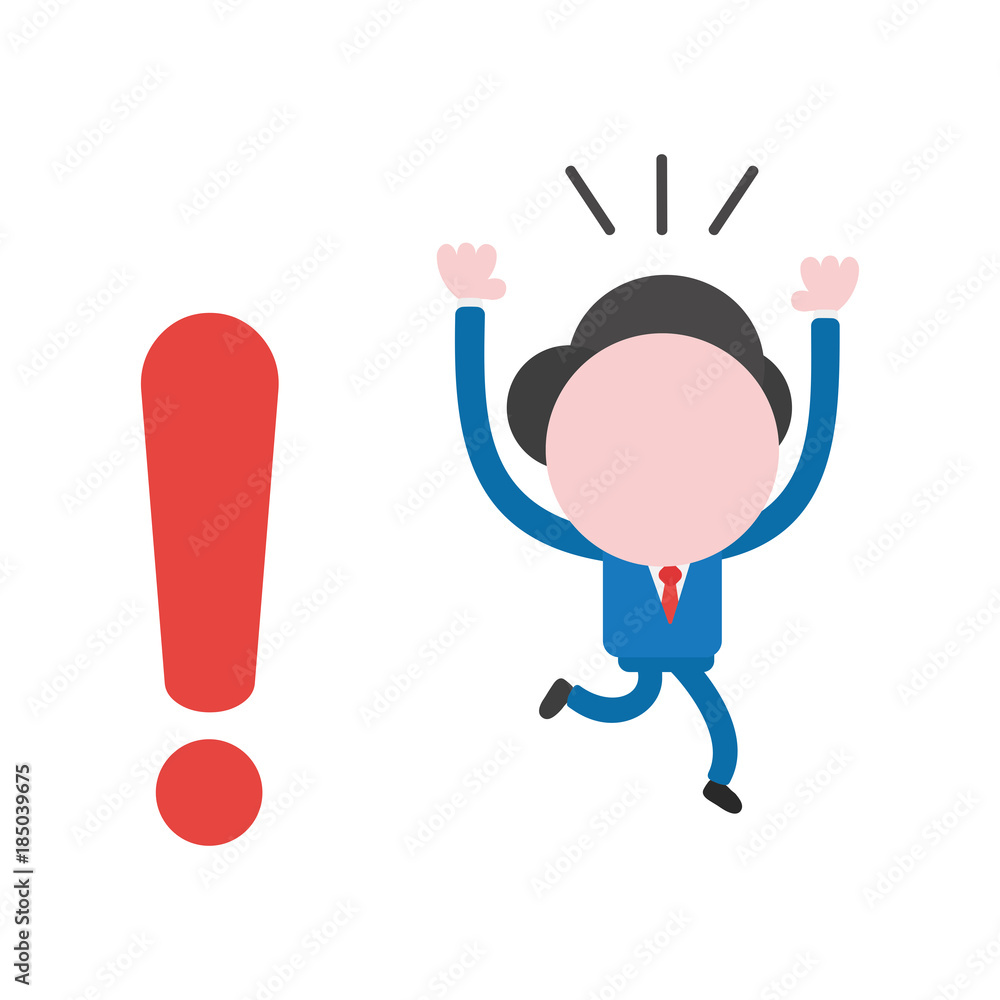 Vector illustration concept of worried faceless businessman character running away from exclamation mark Vector illustration concept of worried faceless businessman character running away from exclamation mark