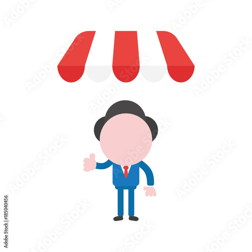 Vector illustration concept of faceless businessman character showing thumbs up under shop awning
