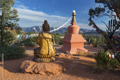 Wallpaper Mural Amitabha Stupa, Buddha Statue and Prayer Flags with Distant Red Rock Landscape i