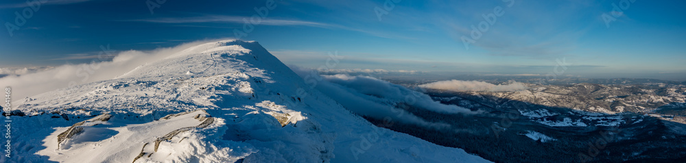 Poland winter mountain landscape, panorama of Babia Gora peak