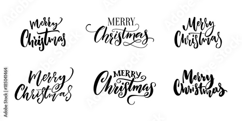 Merry Christmas text inscriptions. Set of calligraphy and hand lettering for Christmas greeting cards, tags and overlays. Black words isolated on white background.