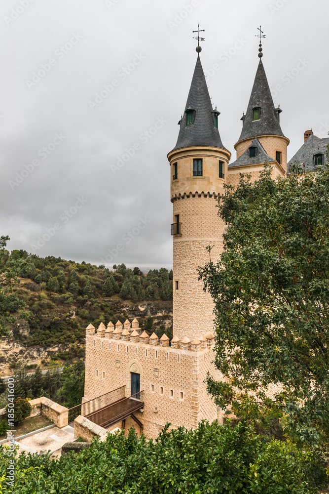 The Alcazar of Segovia (Segovia Fortress), a castle, located in Segovia, Spain, a World Heritage Site. Rising out on a rocky crag above the confluence of two rivers near the Guadarrama mountains.