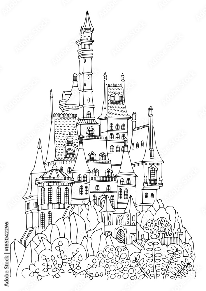 An old castle with many towers. Hand drawn picture. Sketch for anti-stress adult coloring book in zen-tangle style. Vector illustration for coloring page, isolated on white background.