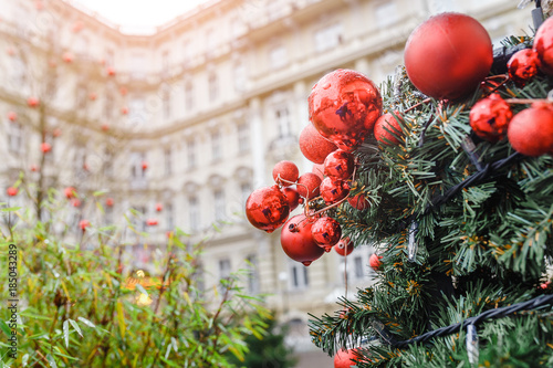 Christmas decorations near hotel building