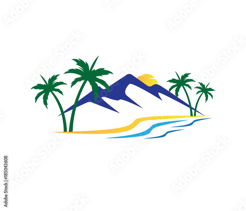 mountains and beach sunset palm tree vector logo design