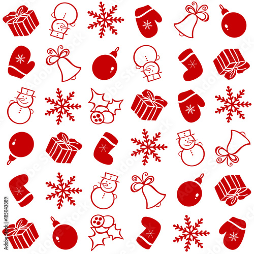 Pattern with Christmas elements for the background. New Year's holiday with gifts, toys, a snowman, a snowflake, a mitten and an ornament for hand-painted doodle