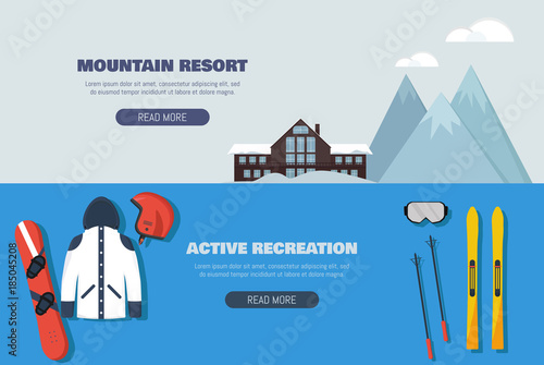 Set of horizontal banners. Active recreation. Mountain resort. Leisure on north nature. Winter extreme sports. Flat vector design with wooden cottage covered in snow, snowboarding and ski equipment