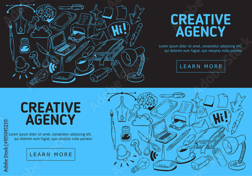 Creative Agency Website Banner Design With Artistic Cartoon Hand Drawn Sketchy Line Art Drawings Illustrations Of Essential Related Objects Of Every Day Working Things And Tools.