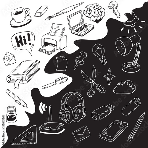 Creative Agency Wallpaper With Artistic Cartoon Hand Drawn Sketchy Line Art Style Drawings Illustrations Design Of Essential Related Objects Of Every Day Working Things And Tools.