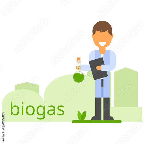 Biogas in a flask. Vector flat. Biogas icon. The scientist conducts experiments and shows a positive result. Success.