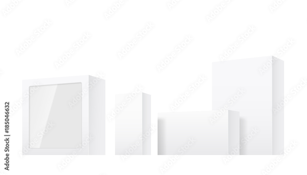 Universal mockups of blank package boxes. Vector illustration isolated on white background, ready and simple to use for your design. Mock-up will make the presentation look as realistic as possible. Universal mockups of blank package boxes. Vector illustration isolated on white background, ready and simple to use for your design. Mock-up will make the presentation look as realistic as possible.