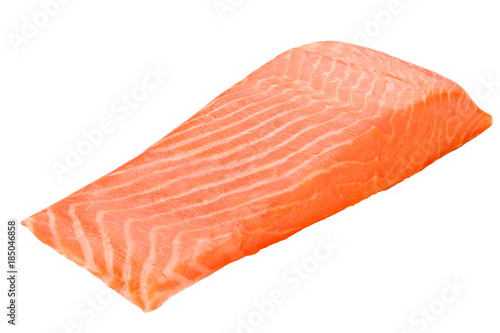 A piece of fresh raw salmon fish on a white background isolated, clipping path, full depth of field