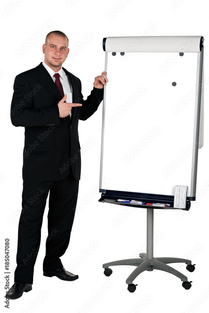 Businessman giving a presentation on white board Businessman giving a presentation on white board