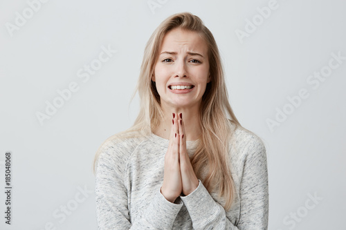 Beautiful blonde female clenching teeth with begging look holding palms pressed together in front of her, asking for forgiveness, feeling sorry after she hurt her boyfriend's feelings. Body language photo