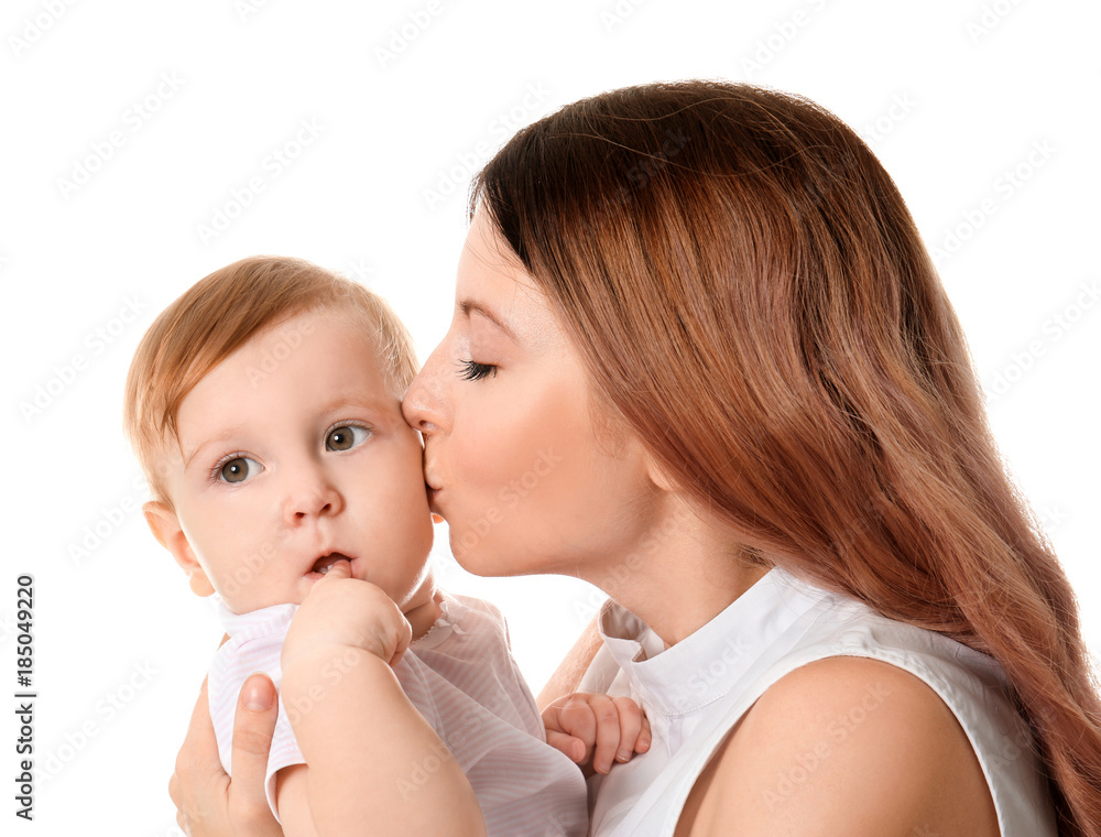 Young mother with baby on white background Young mother with baby on white background