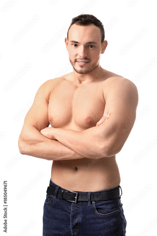 Fototapeta premium Muscular young bodybuilder on white background