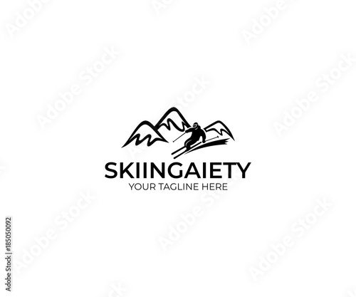 Skiing Logo Template. Mountains and Skier Vector Design. Slalom Illustration