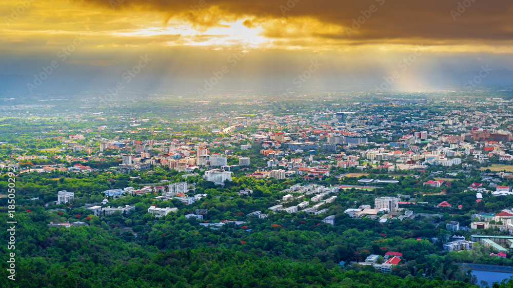 Fototapeta premium the Aerial Panorama View of Chiang Mai City with sunrise and clouds, Thailand