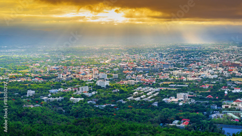 the Aerial Panorama View of Chiang Mai City with sunrise and clouds  Thailand