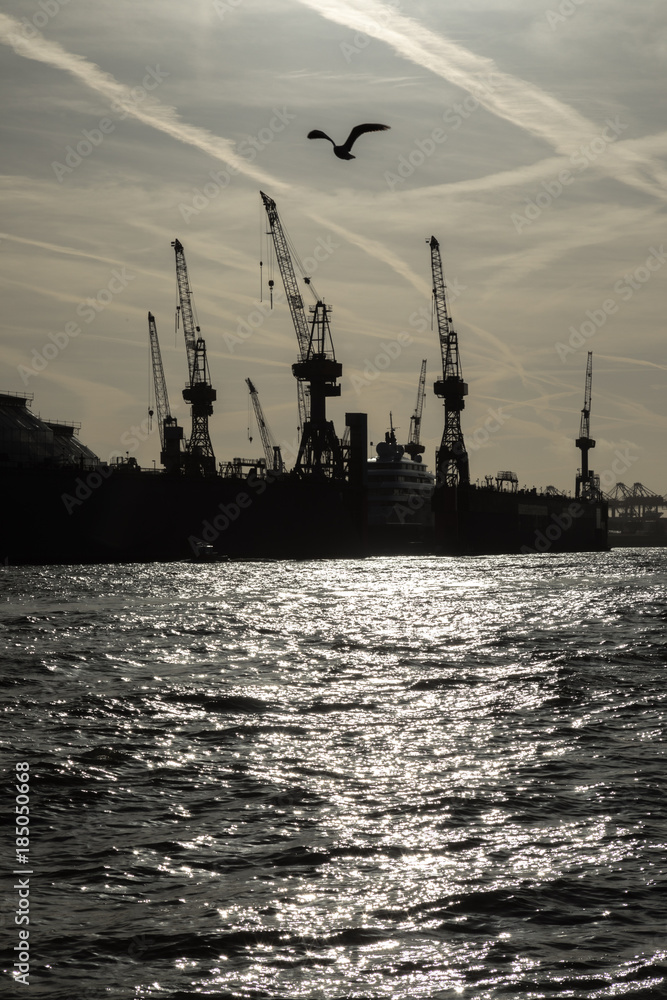 Industrial harbour scenery – silhouettes of cranes and a sea gull, sun reflecting water