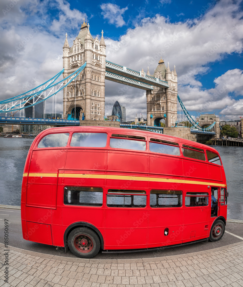 Tower Bridge with double decker bus in London, England, UK