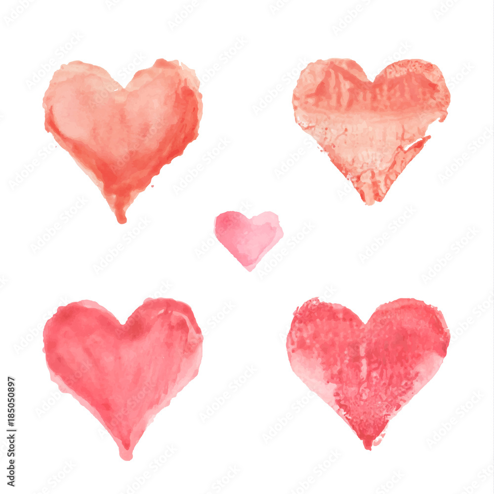 Set of watercolor painted red heart on white background. Vector illustration