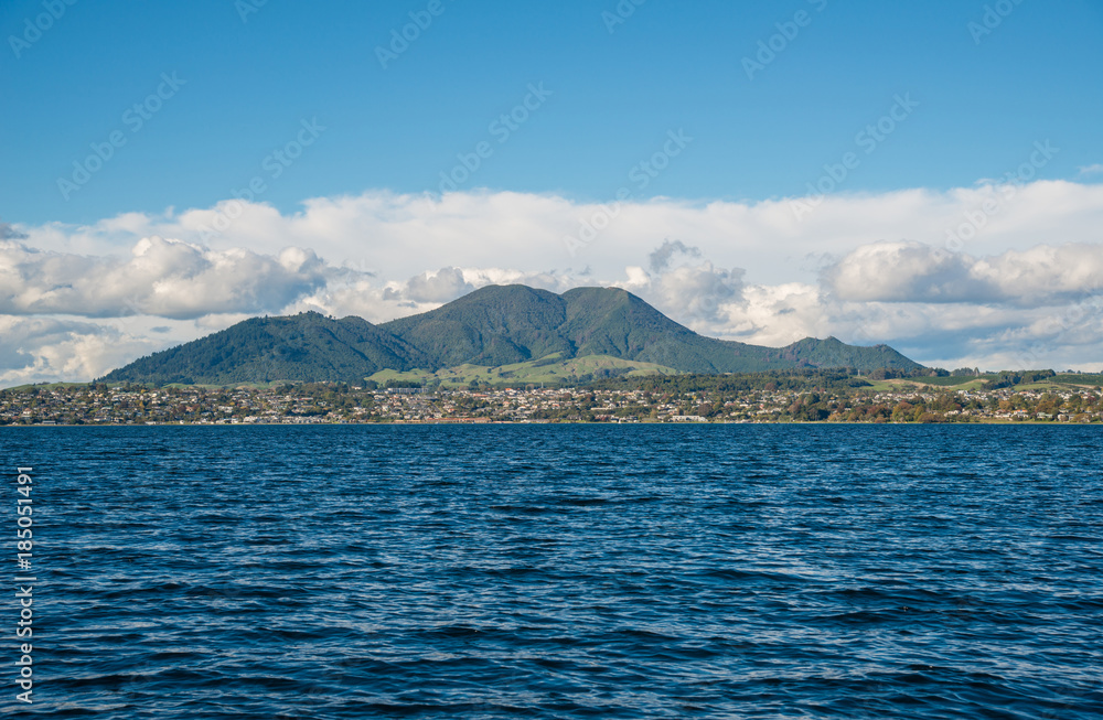 Scenery view Mt.Tauhara in Taupo town with lake Taupo the largest freshwater lake in North island of New Zealand.