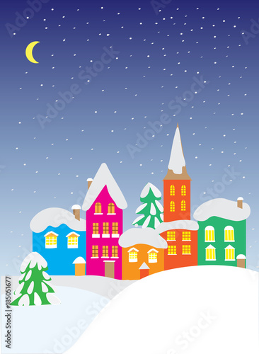 Flat vector image with christmas houses. Winter landscape with small houses. New Year picture for designer