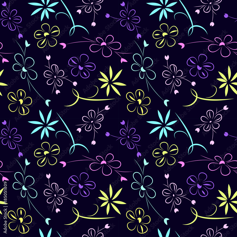 Seamless hand-drawn flower pattern. Contour flowers on a blue background.