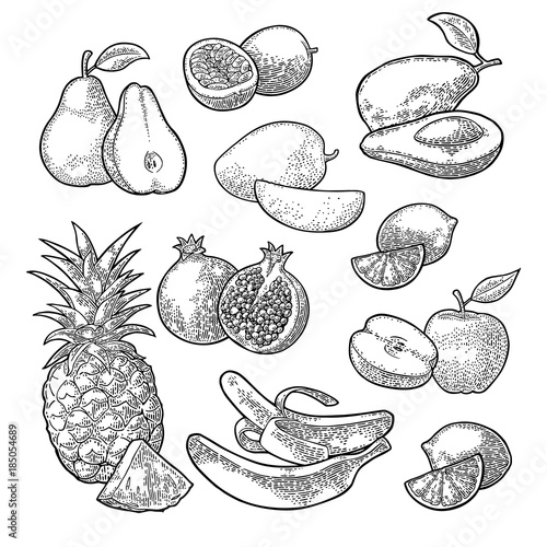 Set tropical fruits. Pineapple, lime, banana, pomegranate, maracuya, avocado.