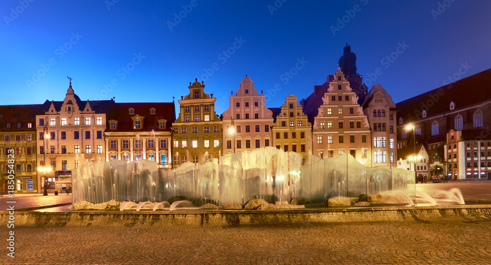 Market square  at night in Wroclaw, Poland, panoramic image