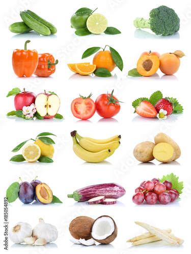 Früchte Obst und Gemüse Apfel Tomaten Orange Zitrone Trauben Farben Sammlung Freisteller freigestellt isoliert