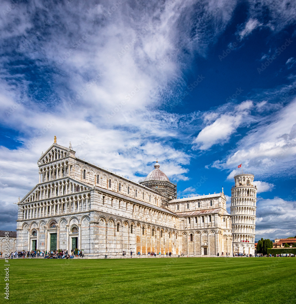 Pisa Cathedral with the Leaning Tower of Pisa on Piazza dei Miracoli in Pisa, Tuscany