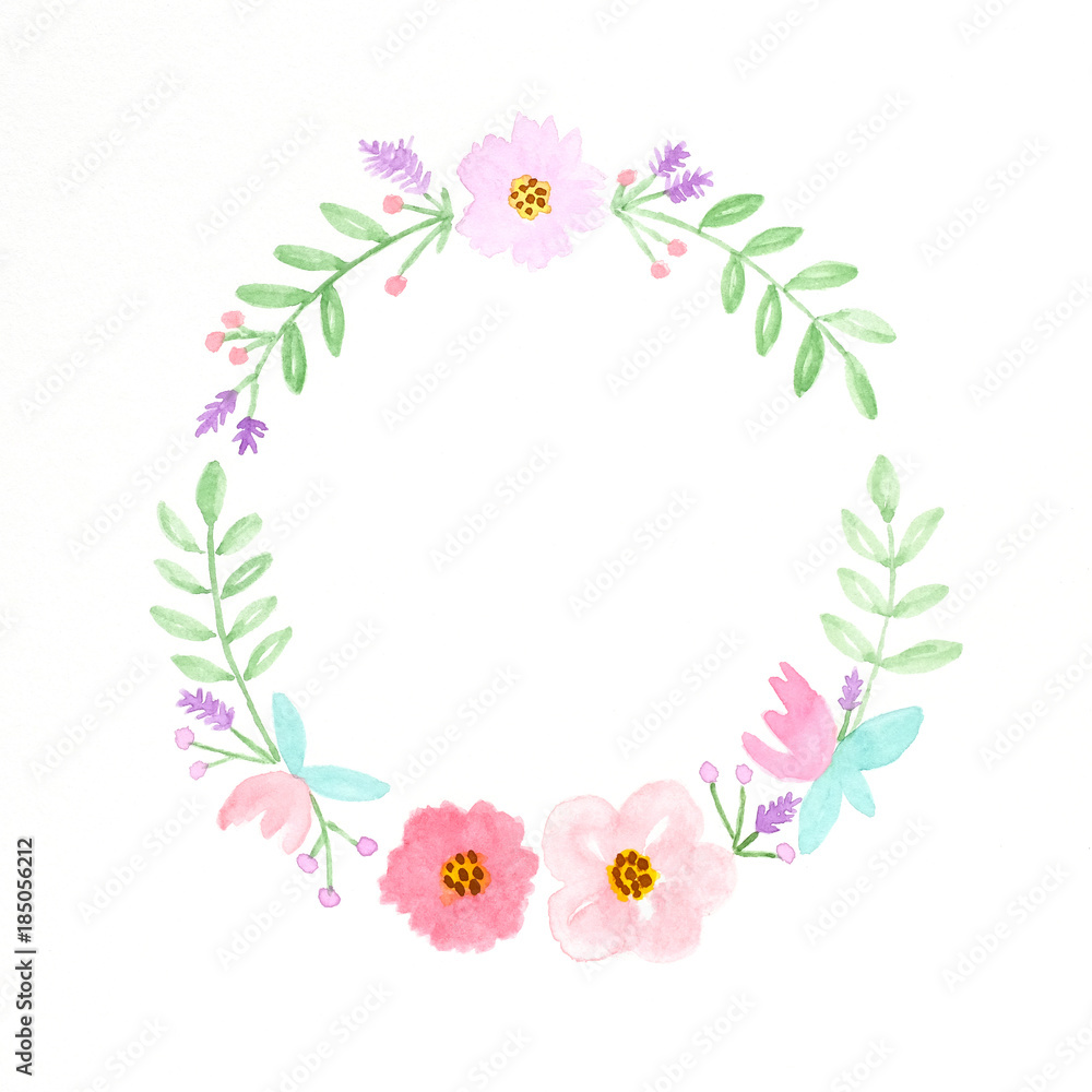 Flowers wreath watercolors, Hand drawing flowers in watercolor style on white paper background, with copy space for text, greeting card background, banner