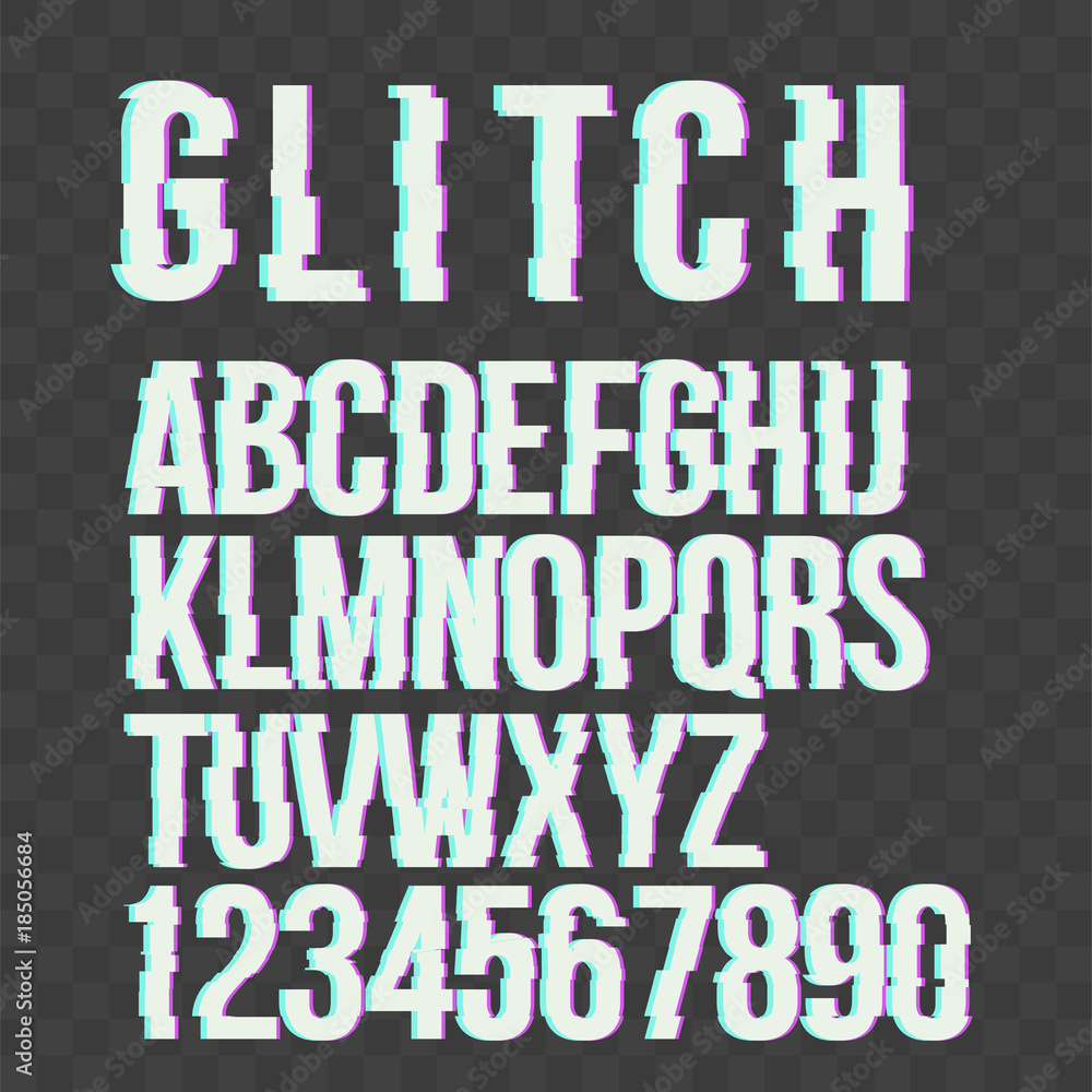 Trendy style distorted glitch  typeface alphabet. Letters and numbers:  A to Z and numbers from 0 to 9. Green and red channels on transparent background. Vector illustration.