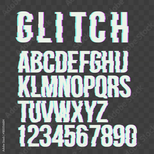 Trendy style distorted glitch  typeface alphabet. Letters and numbers:  A to Z and numbers from 0 to 9. Green and red channels on transparent background. Vector illustration.