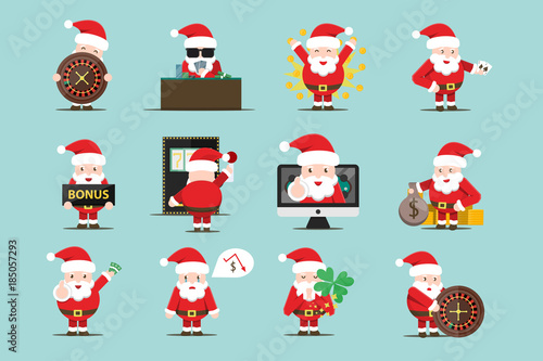 Vector set of cartoon isolated Santa Claus character in different poses with casino equipment for decoration and covering. Concept of casino, roulette, slot machine and gambling.