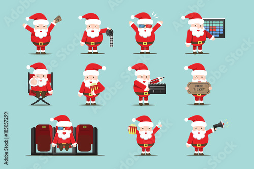 Vector set of cartoon isolated Santa Claus character in different poses with cinema equipment for decoration and covering. Concept of cinema, movie production and director profession.