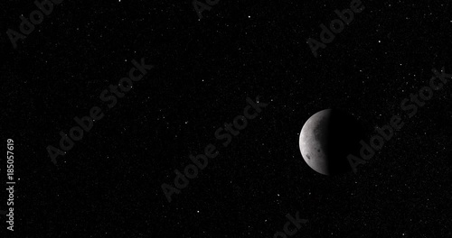 Straight-line dolly away from Earth's moon at 270 degrees longitude. Accurate: star field does not recede. Reversible, can be rotated 180 degrees. Data: NASA/JPL
